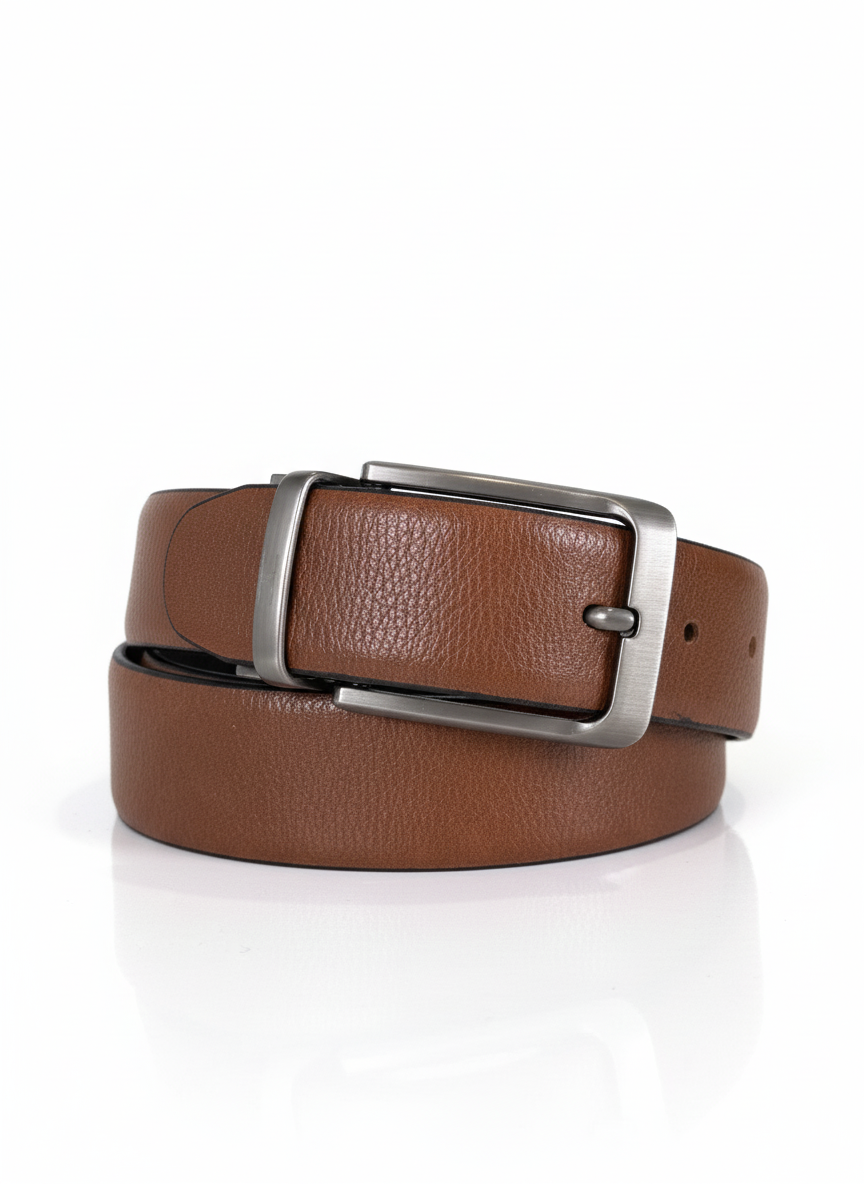 Brown leather belt with silver buckle on a white background