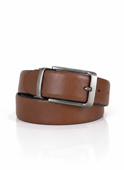 Brown leather belt with silver buckle on a white background