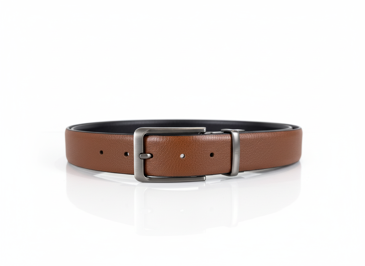 Brown leather belt with a silver buckle on a white background