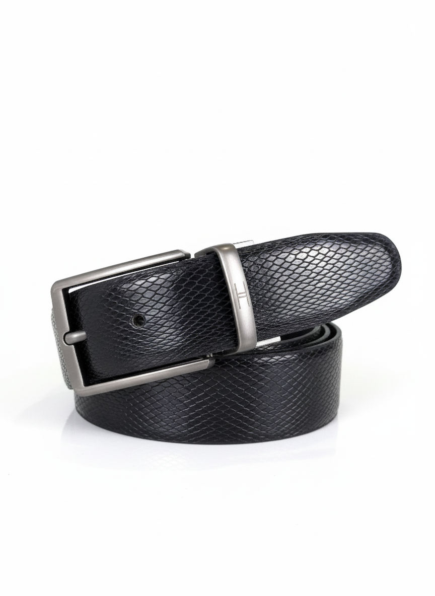 Black leather belt with silver buckle on a white background