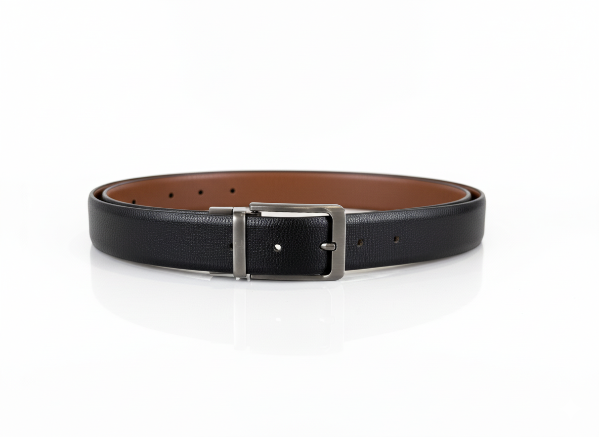 Black leather belt with a silver buckle on a white background