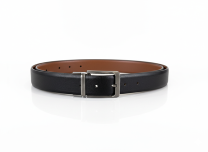 Black leather belt with a silver buckle on a white background