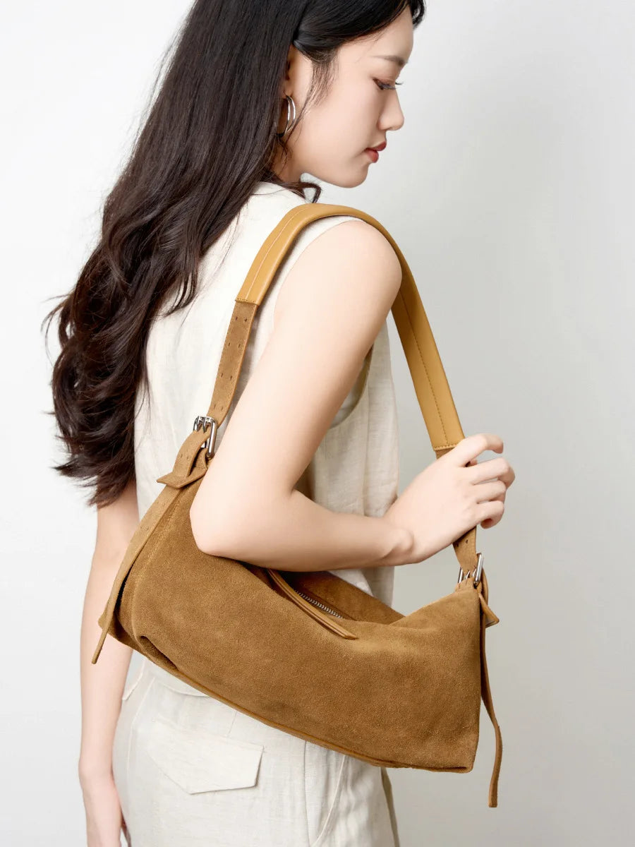 Hideclusive Women Suede Genuine Leather Bucket Tote Underarm Shoulder Bag Leather Handbag for Ladies Hand Bag High Quality