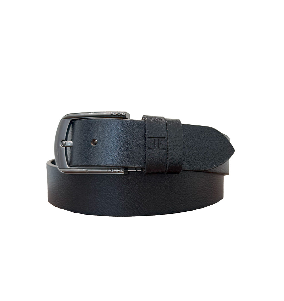 Black leather belt with silver buckle on a white background
