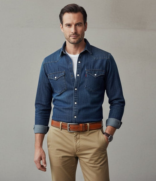 Hideclusive Men's Full-Grain Genuine Leather Belt, 40 MM Width, Tan Brown, Chrome Buckle, Designer Stitching