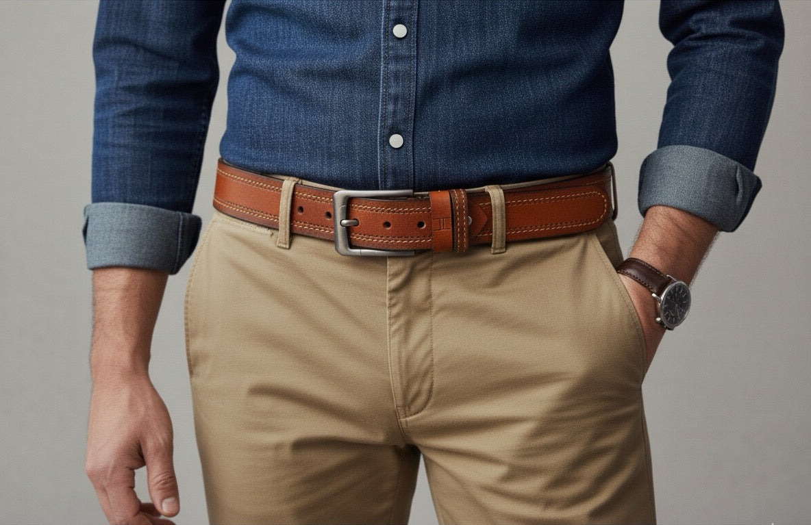 Hideclusive Men's Full-Grain Genuine Leather Belt, 40 MM Width, Tan Brown, Chrome Buckle, Designer Stitching