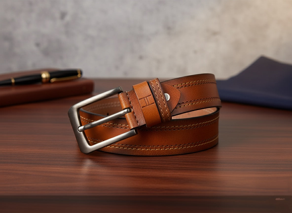 Hideclusive Men's Full-Grain Genuine Leather Belt, 40 MM Width, Tan Brown, Chrome Buckle, Designer Stitching