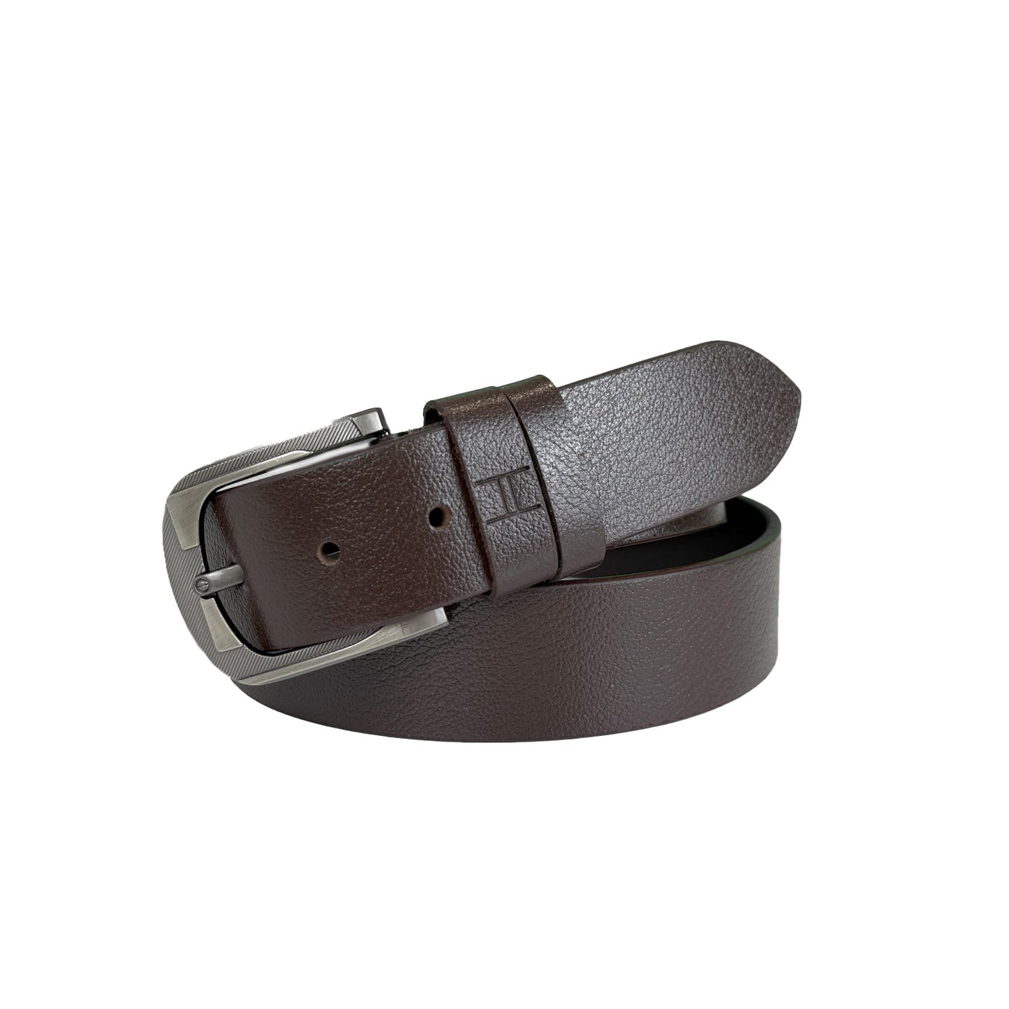 Brown leather belt with silver buckle on a white background