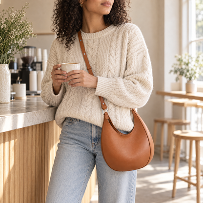 Lifestyle photo of The Luna top-grain leather hobo bag