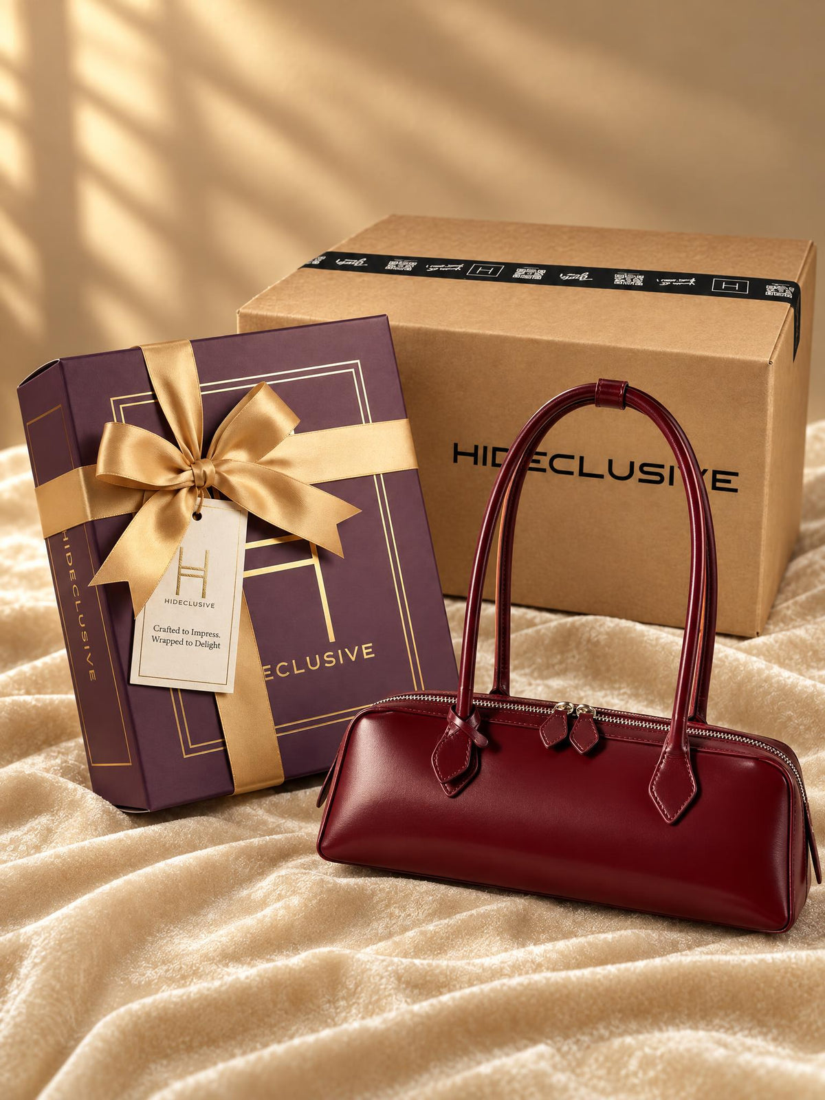 Hideclusive purple gift box, kraft shipping box and the Avenue 33 handbag in wine red