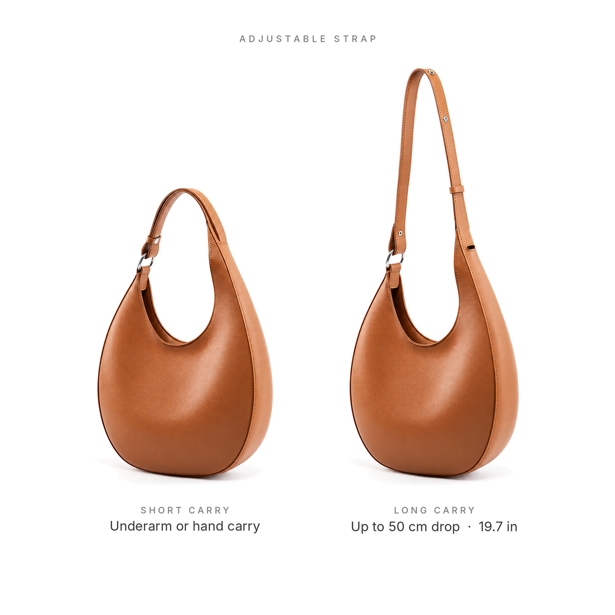 The Luna hobo bag in Brown showing the adjustable strap, short and extended