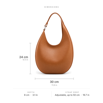 The Luna hobo bag in Brown with dimensions, 30 x 24 x 8 cm