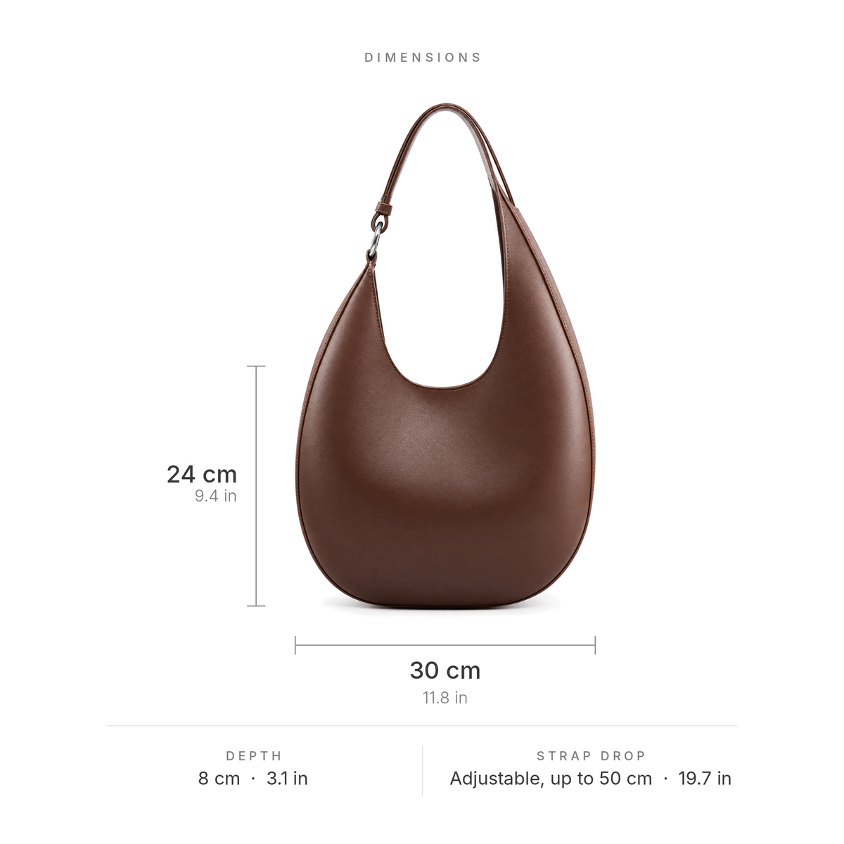 The Luna hobo bag in Coffee with dimensions, 30 x 24 x 8 cm