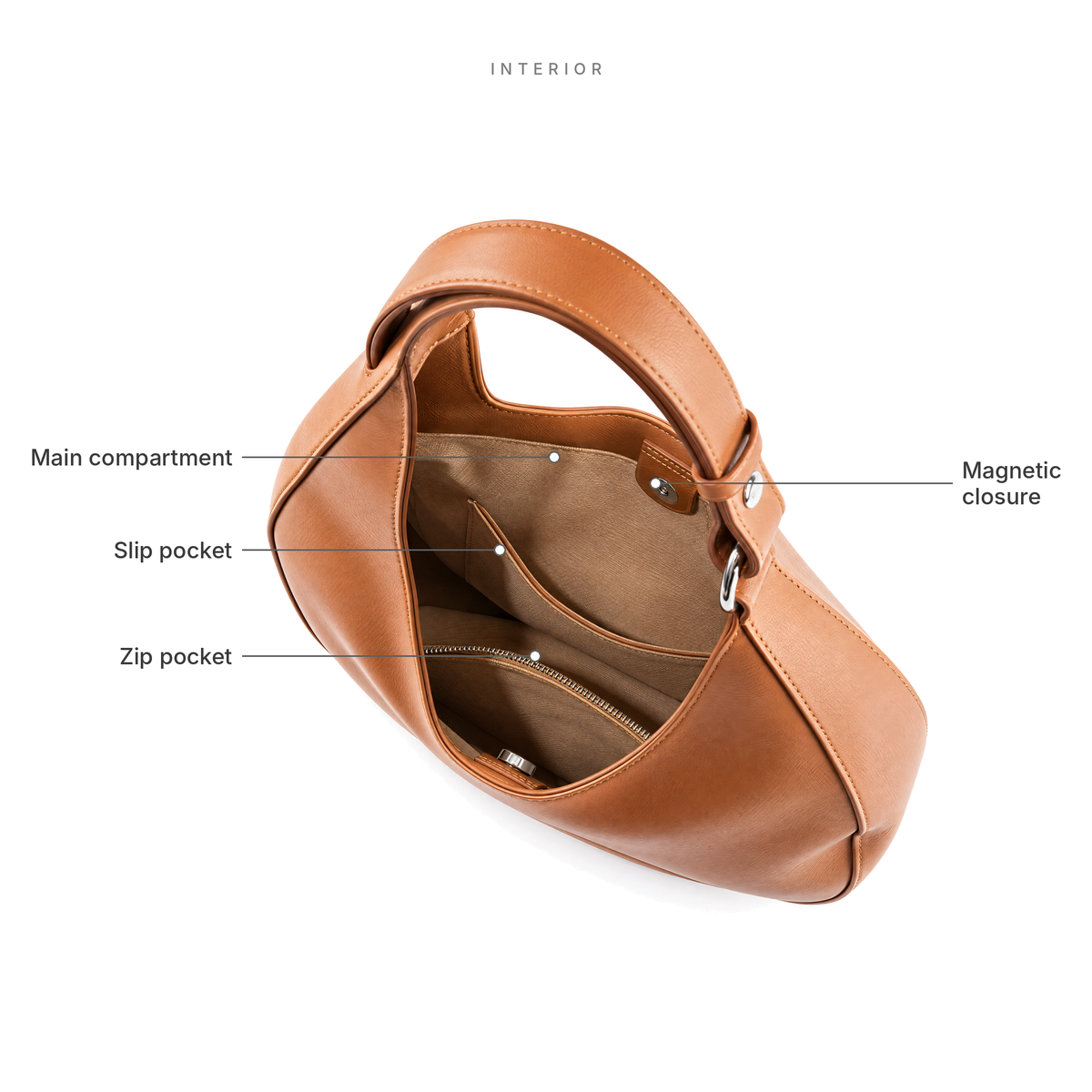 Interior of The Luna hobo bag in Brown, showing the lining, slip pocket and zip pocket