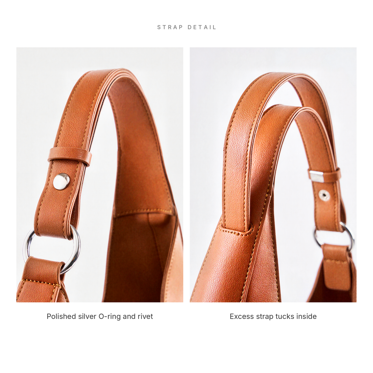 Close-up of The Luna's strap and silver-tone hardware in Brown