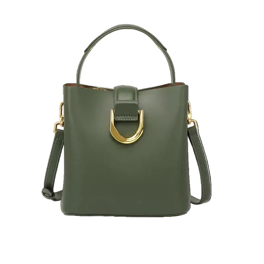Green handbag with gold accents on a white background